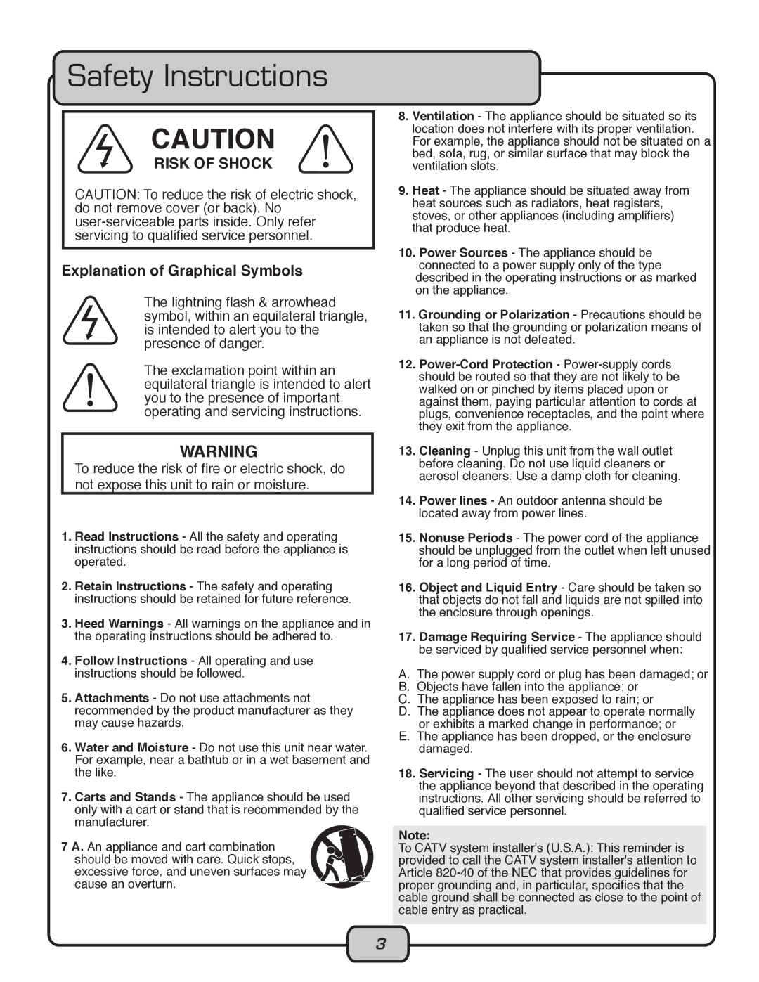 VocoPro CDG-1020PRO owner manual Safety Instructions, Risk Of Shock, Explanation of Graphical Symbols 