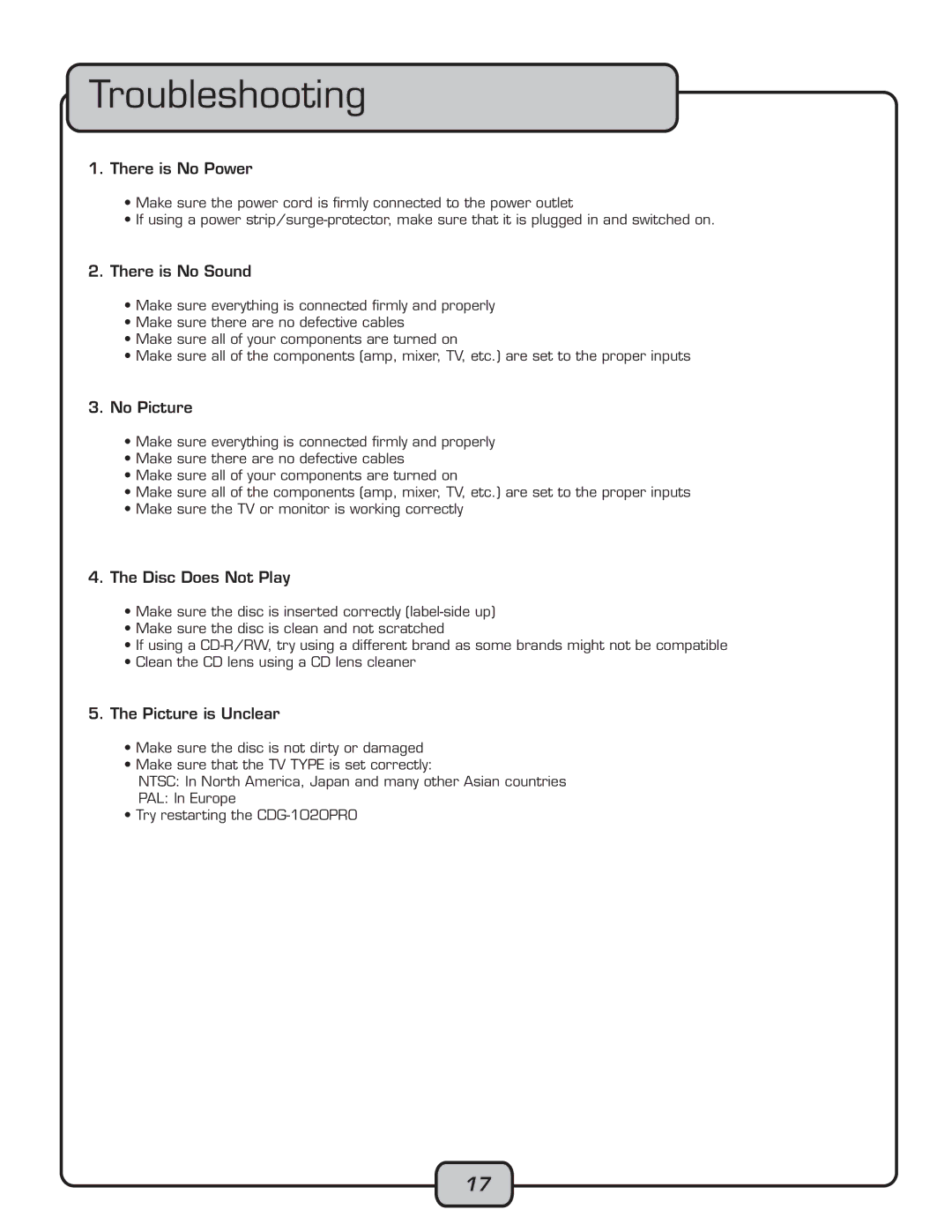 VocoPro CDG-1020PRO owner manual Troubleshooting 