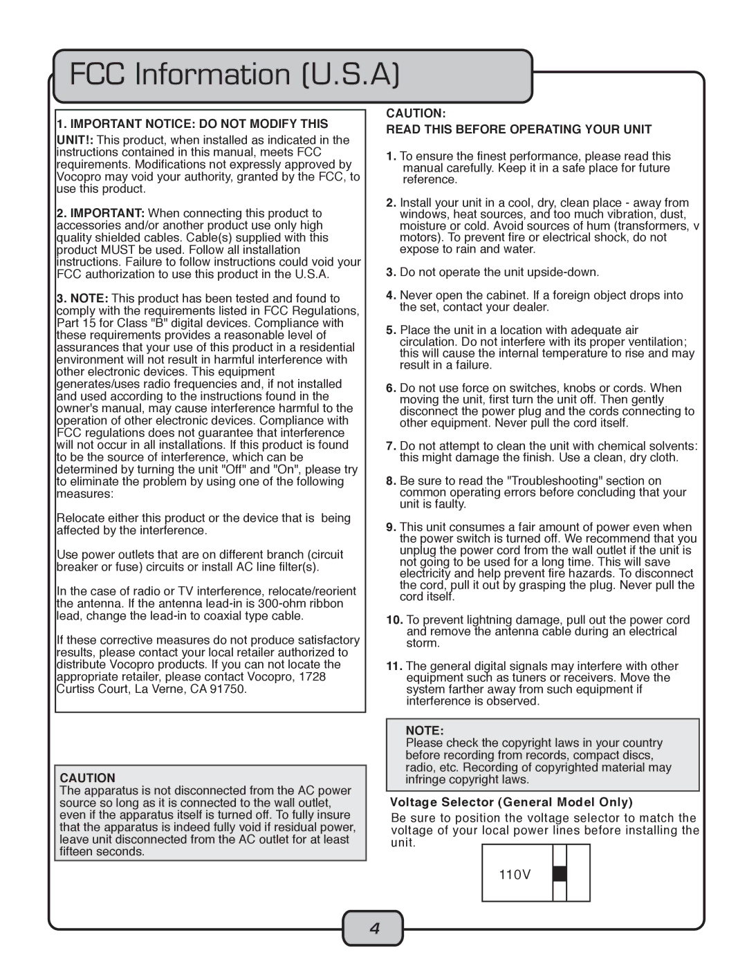 VocoPro CDG-1020PRO owner manual FCC Information U.S.A, Important Notice do not Modify this 