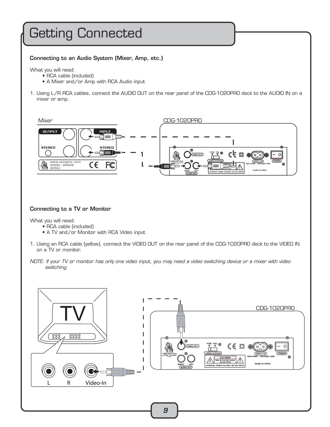 VocoPro CDG-1020PRO Getting Connected, Connecting to an Audio System Mixer, Amp, etc, Connecting to a TV or Monitor 