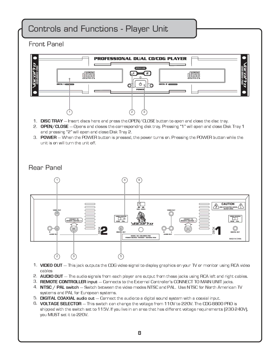 VocoPro CDG-8800PRO owner manual Controls and Functions Player Unit, Front Panel, Rear Panel 