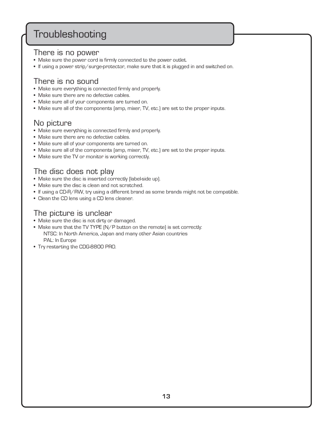 VocoPro CDG-8800PRO owner manual Troubleshooting 