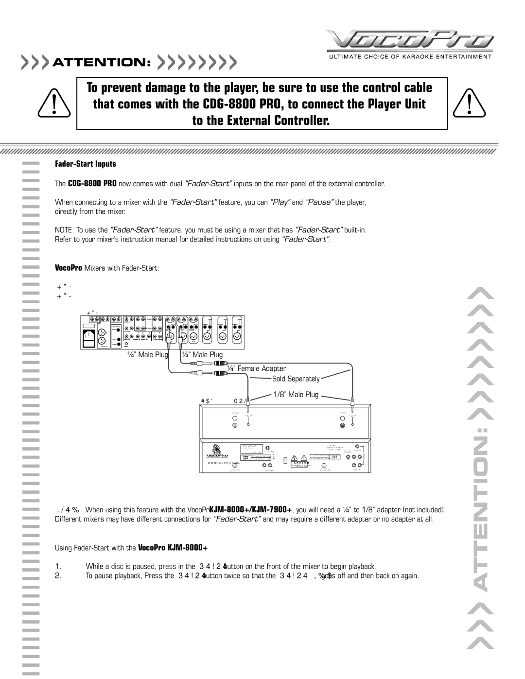 VocoPro CDG-8800PRO owner manual Fader-Start Inputs 