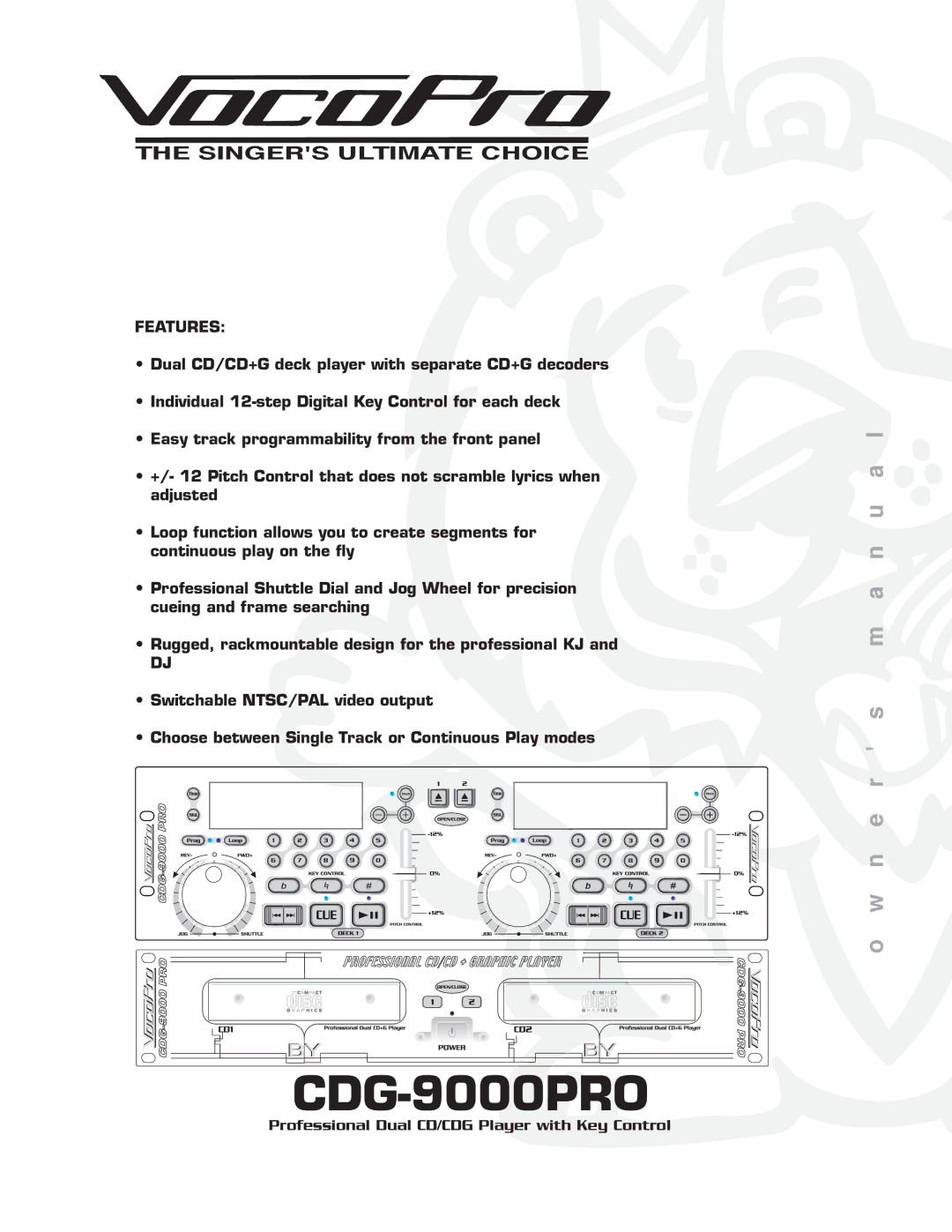 VocoPro CDG-9000 owner manual Features, Professional Dual CD/CDG Player with Key Control 