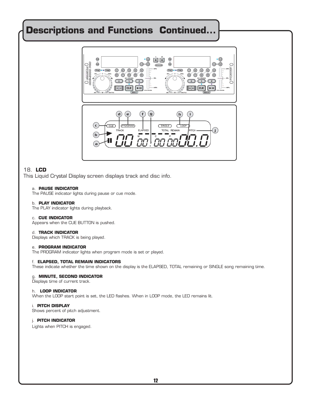 VocoPro CDG-9000 owner manual Lcd, ELAPSED, Total Remain Indicators 