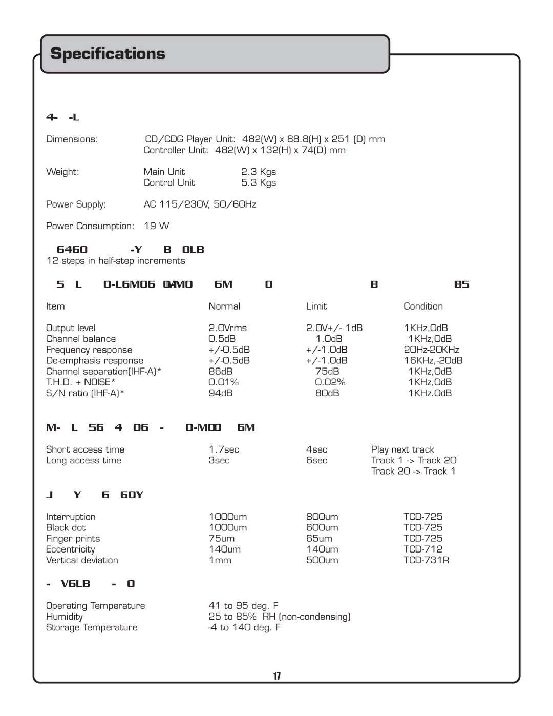 VocoPro CDG-9000 owner manual Speciﬁcations, General 