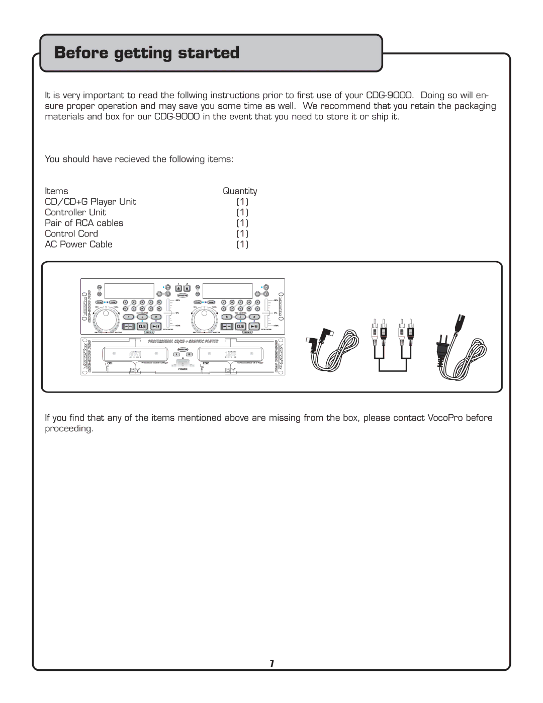 VocoPro CDG-9000 owner manual Before getting started 