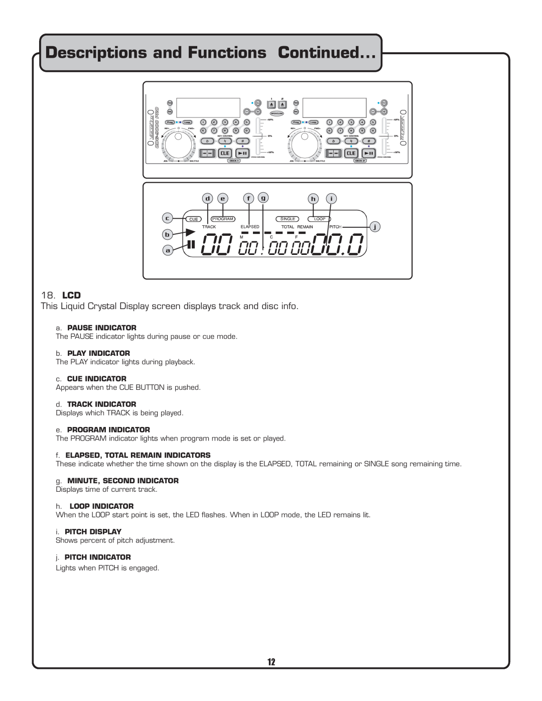 VocoPro CDG-9000 owner manual Descriptions and Functions Continued, 18.LCD 