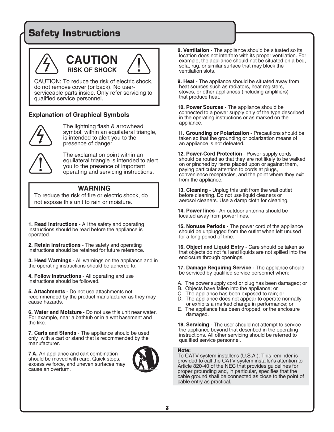 VocoPro CDG-9000 owner manual Safety Instructions, Risk Of Shock, Explanation of Graphical Symbols 