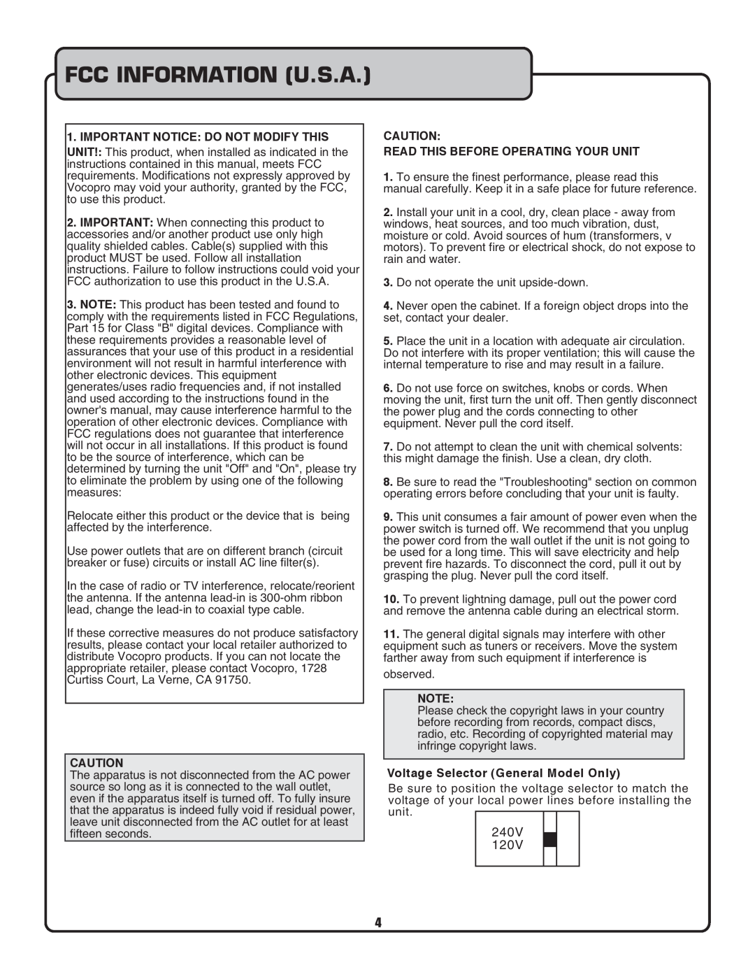 VocoPro CDG-9000 Fcc Information U.S.A, Important Notice Do Not Modify This, Read This Before Operating Your Unit 