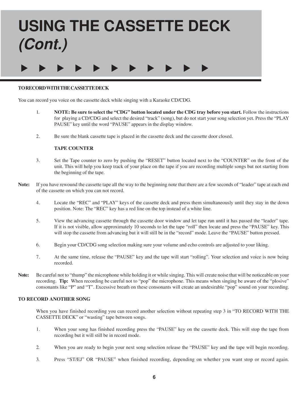 VocoPro CDG X-3 Mark II owner manual To Record with the Cassette Deck, Tape Counter, To Record Another Song 