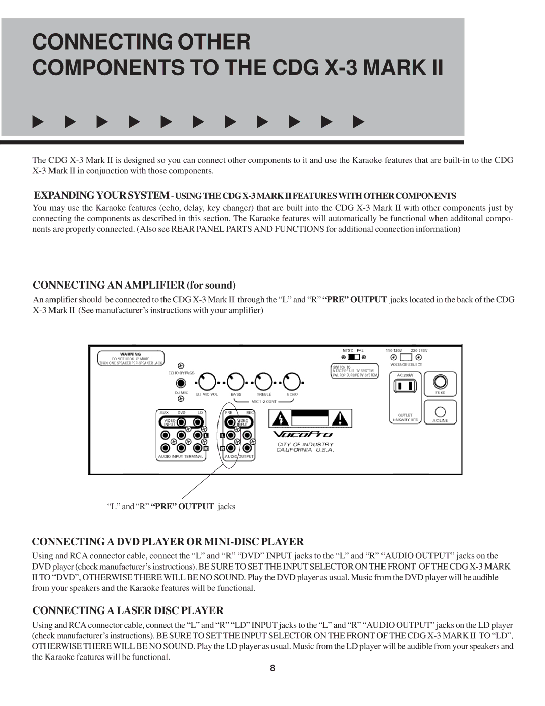 VocoPro CDG X-3 Mark II owner manual Connecting Other Components to the CDG X-3 Mark 