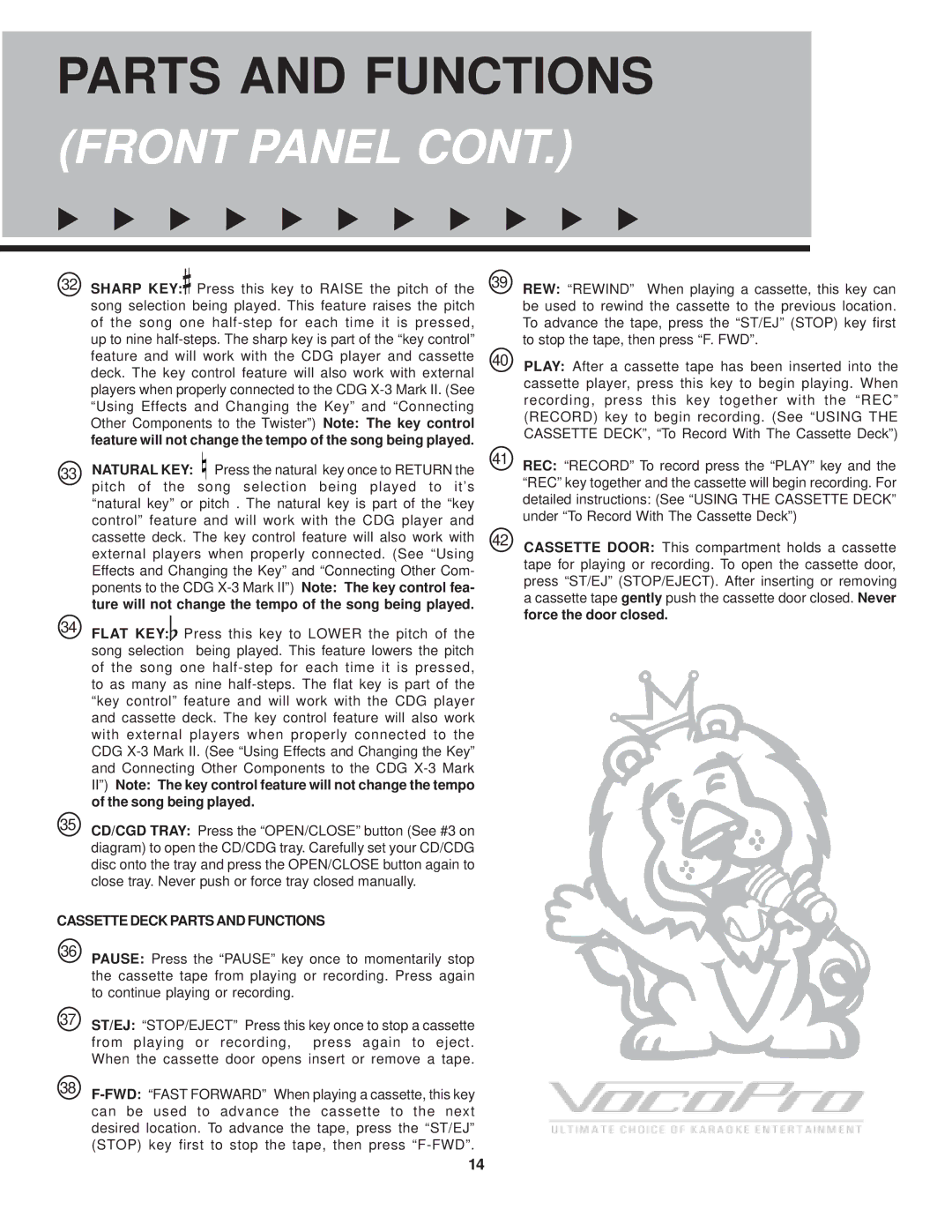 VocoPro CDG X-3 Mark II owner manual Cassette Deck Parts and Functions 