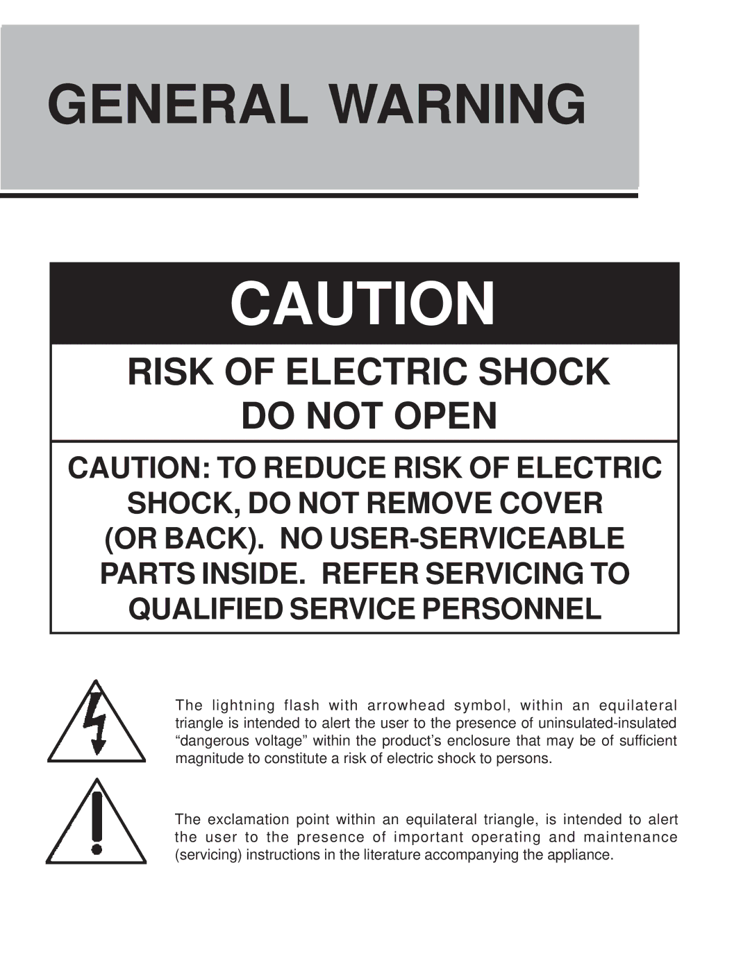 VocoPro CDG X-3 Mark II owner manual General Warning, Risk of Electric Shock Do not Open 