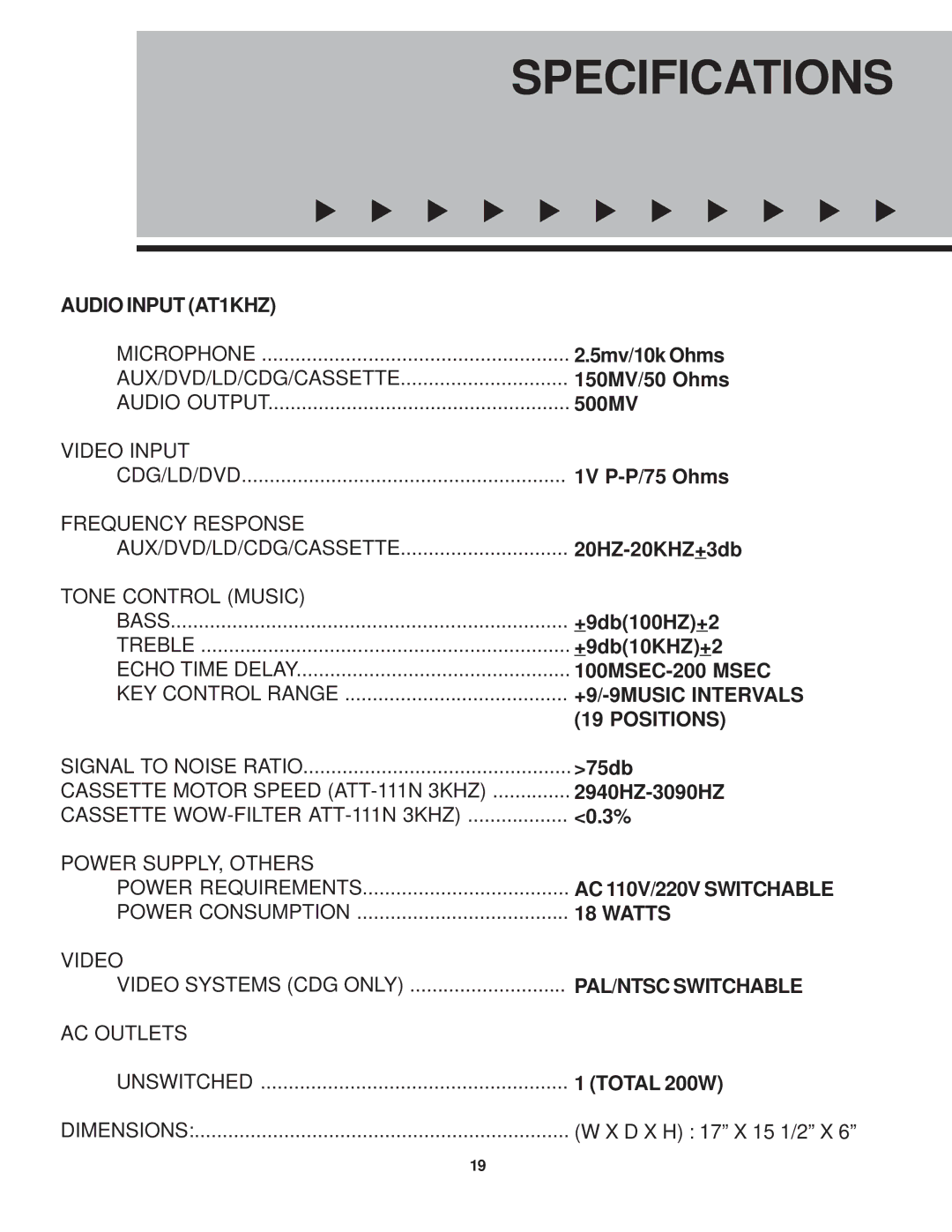 VocoPro CDG X-3 Mark II owner manual Specifications 