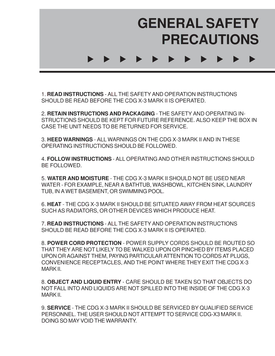 VocoPro CDG X-3 Mark II owner manual General Safety Precautions 