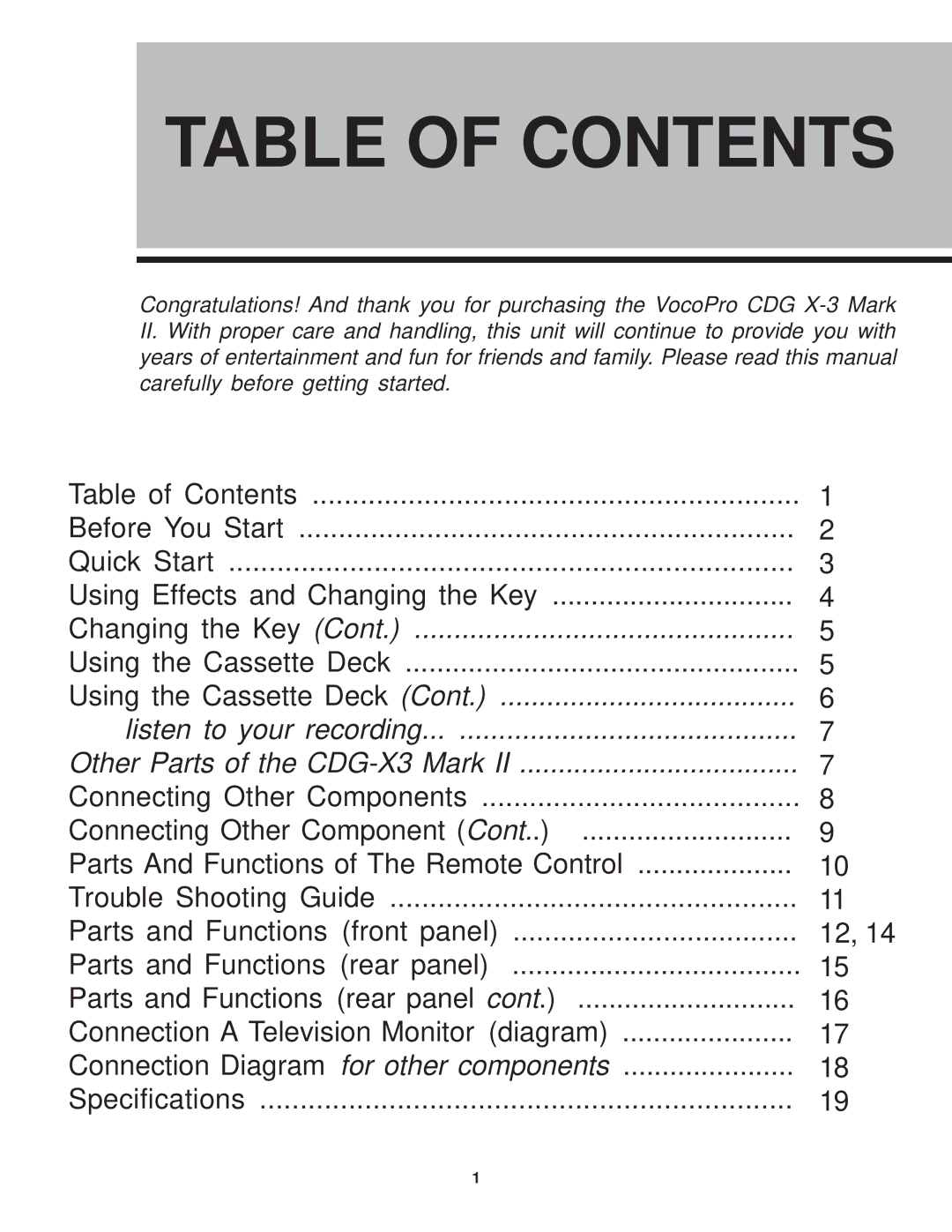 VocoPro CDG X-3 Mark II owner manual Table of Contents 