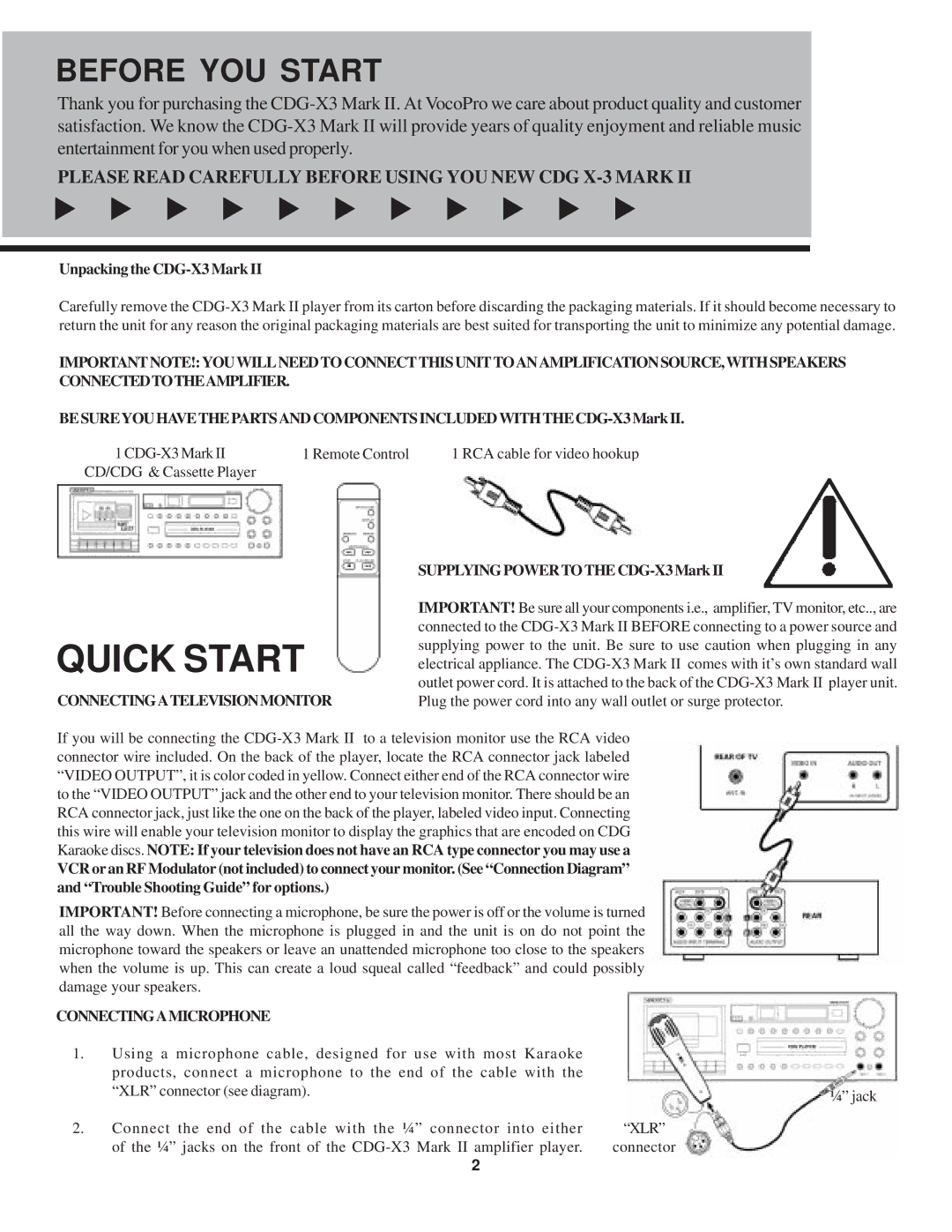 VocoPro CDG X-3 Mark II owner manual Connectingatelevisionmonitor, Connectingamicrophone 