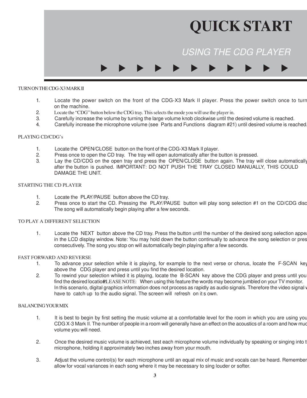 VocoPro CDG X-3 Mark II owner manual Quick Start 