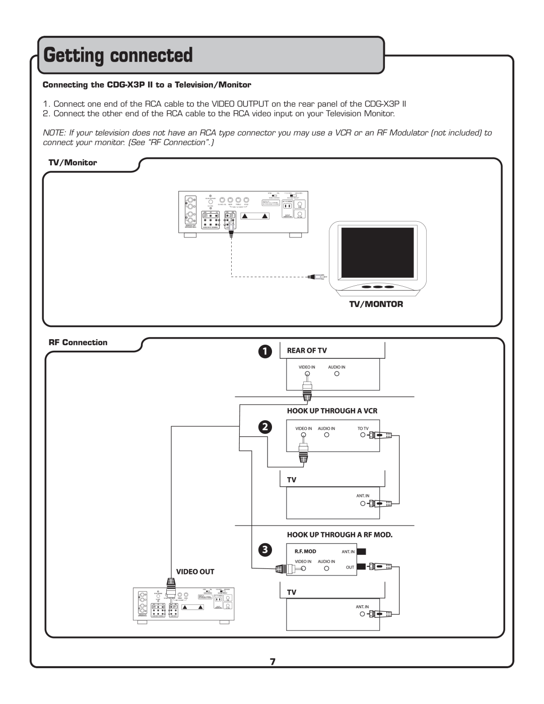VocoPro CDG-X3P II owner manual Getting connected, Connecting the CDG-X3PII to a Television/Monitor, TV/Monitor 
