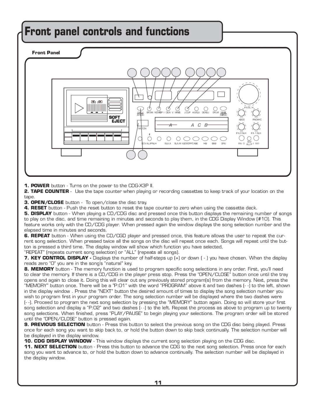 VocoPro CDG-X3P II owner manual Front panel controls and functions, Front Panel 