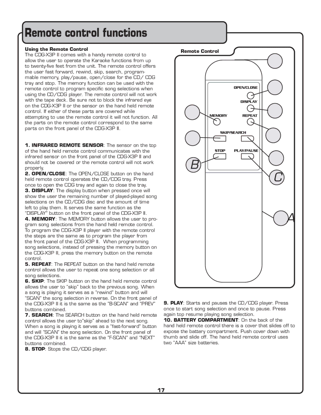 VocoPro CDG-X3P II owner manual Using the Remote Control 