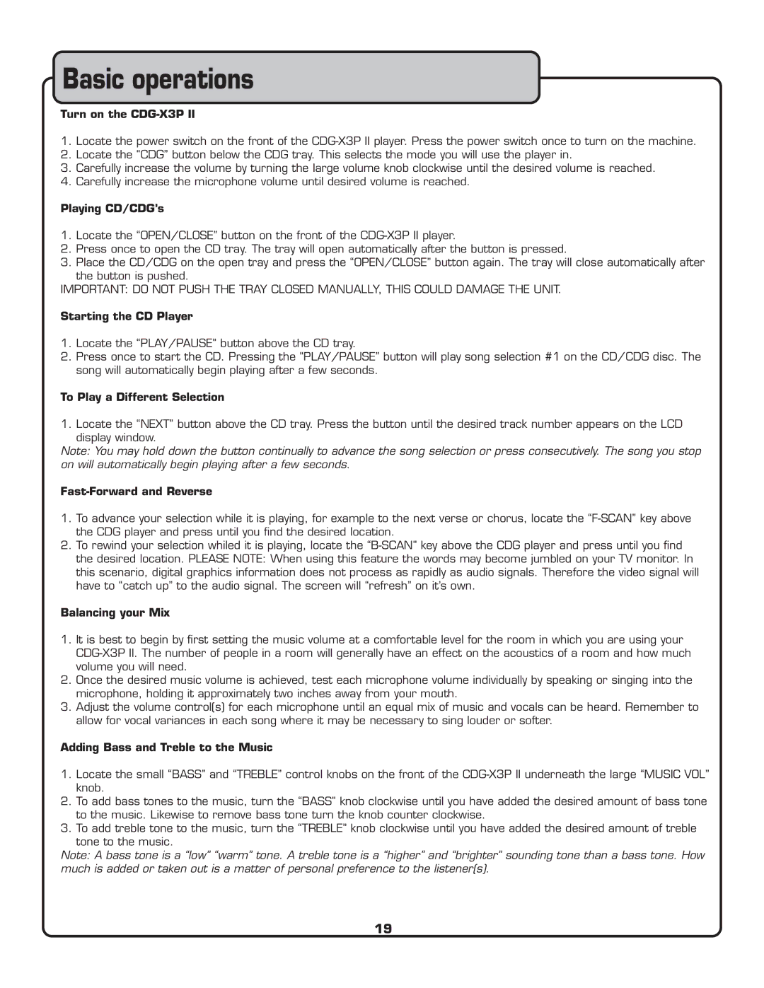 VocoPro CDG-X3P II owner manual Basic operations 