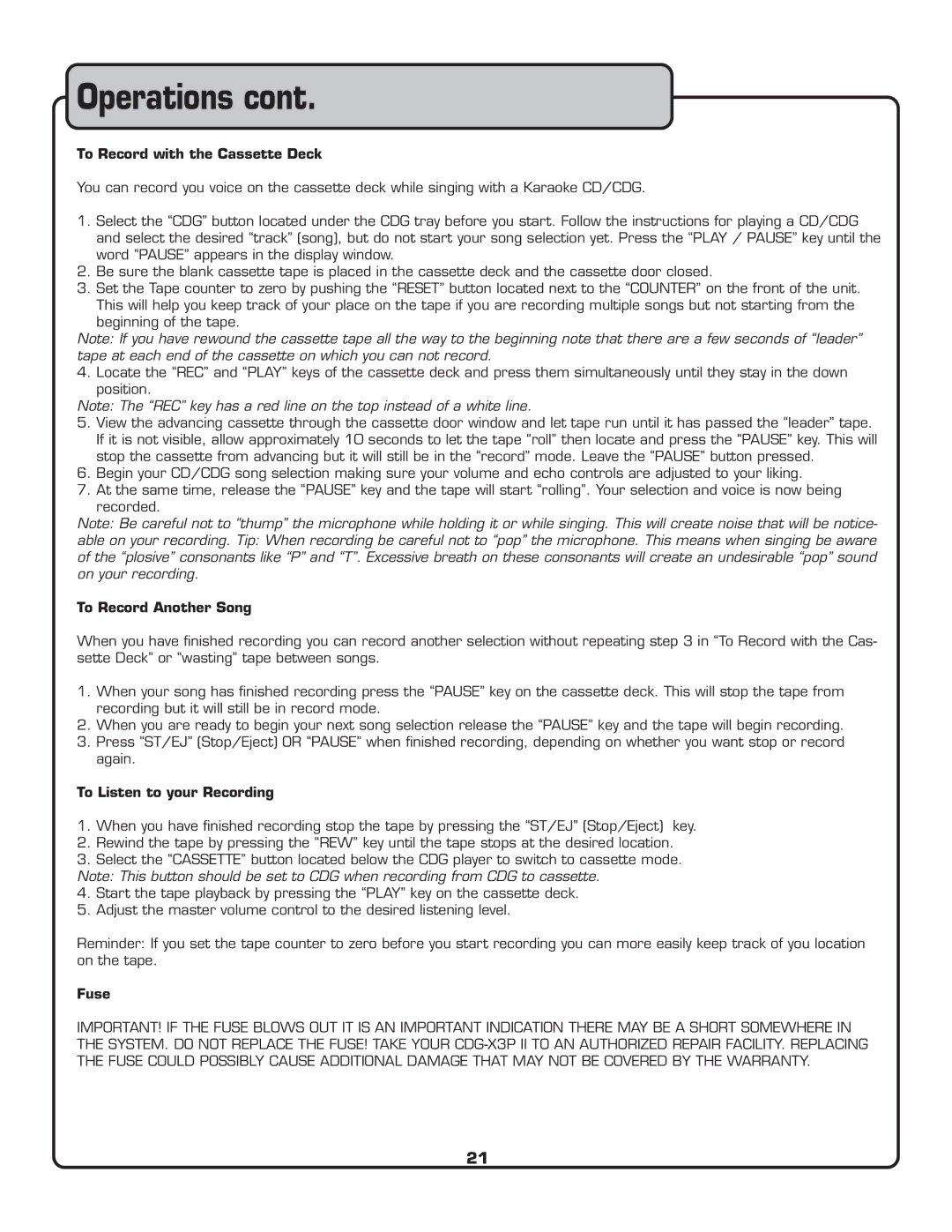 VocoPro CDG-X3P II owner manual To Record with the Cassette Deck, To Record Another Song, To Listen to your Recording, Fuse 