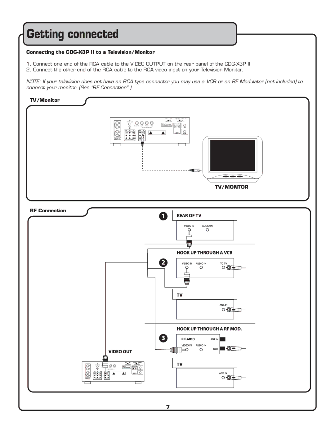 VocoPro owner manual Getting connected, Connecting the CDG-X3P II to a Television/Monitor, TV/Monitor, RF Connection 