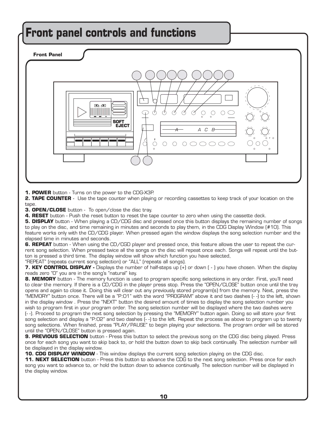 VocoPro CDG-X3P owner manual Front panel controls and functions, Front Panel 