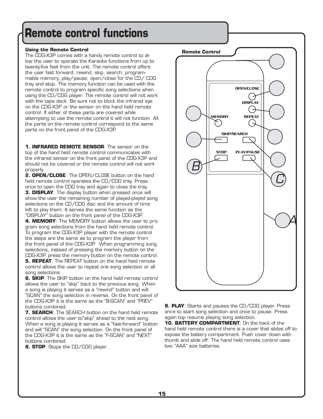 VocoPro CDG-X3P owner manual Using the Remote Control 