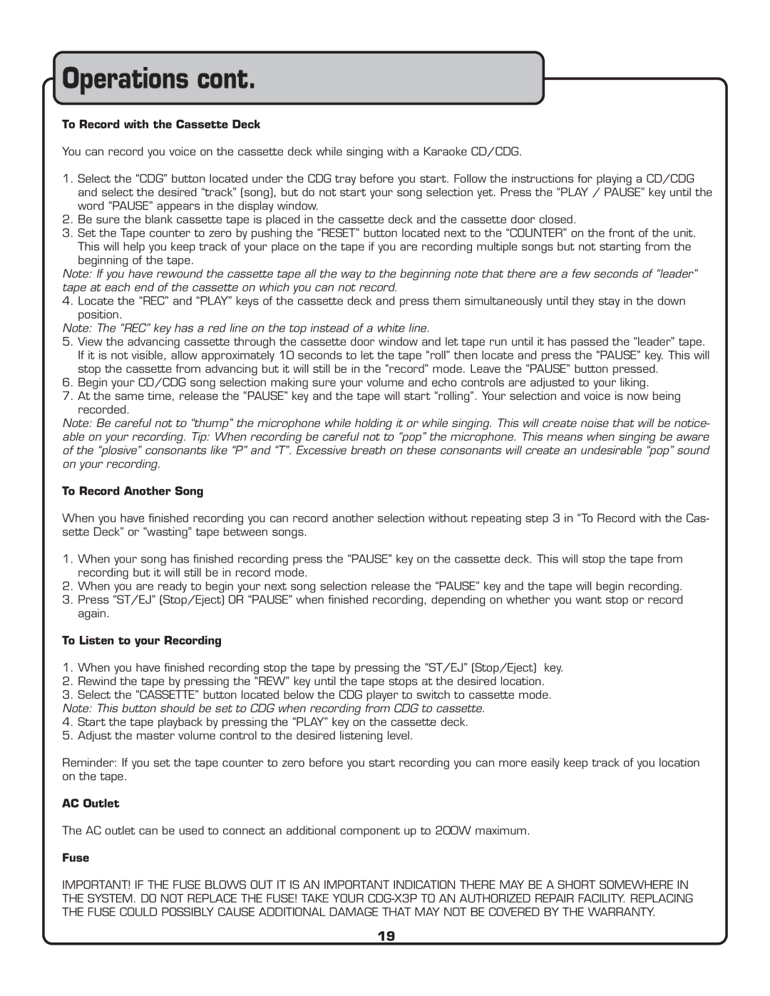 VocoPro CDG-X3P To Record with the Cassette Deck, To Record Another Song, To Listen to your Recording, AC Outlet, Fuse 