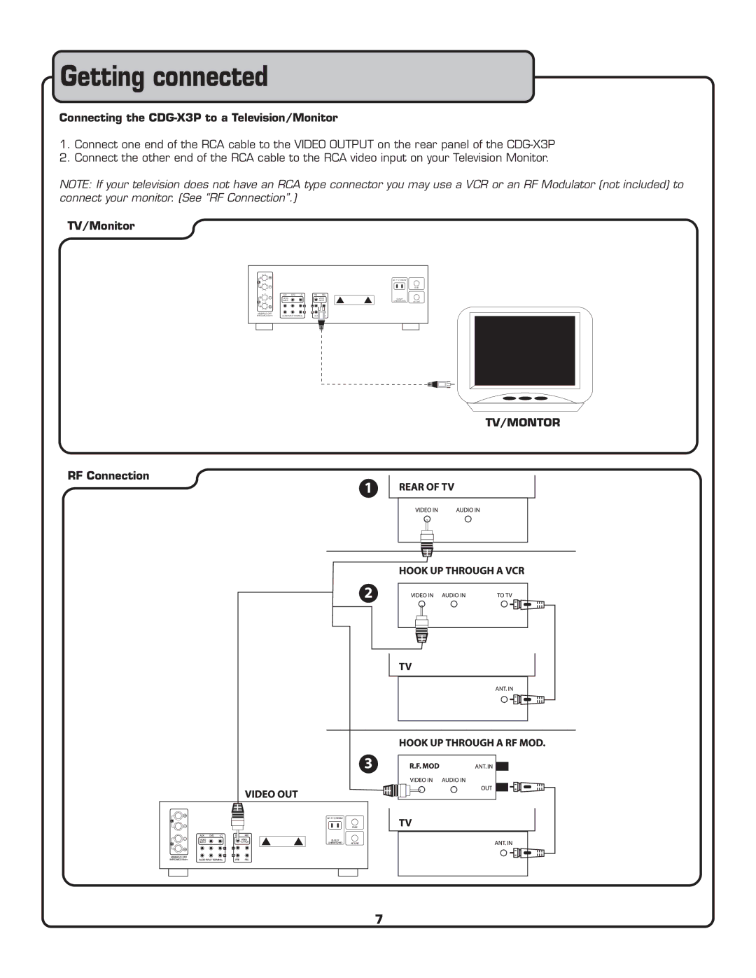 VocoPro owner manual Getting connected, Connecting the CDG-X3P to a Television/Monitor, TV/Monitor, RF Connection 