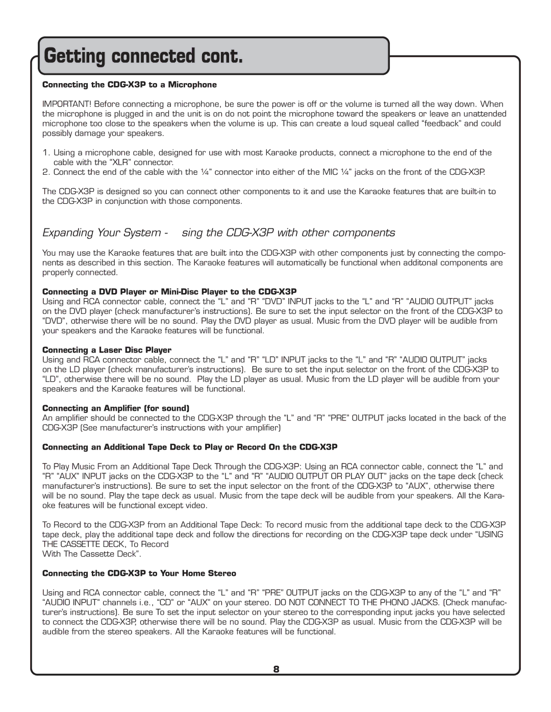 VocoPro owner manual Connecting the CDG-X3P to a Microphone, Connecting a DVD Player or Mini-Disc Player to the CDG-X3P 