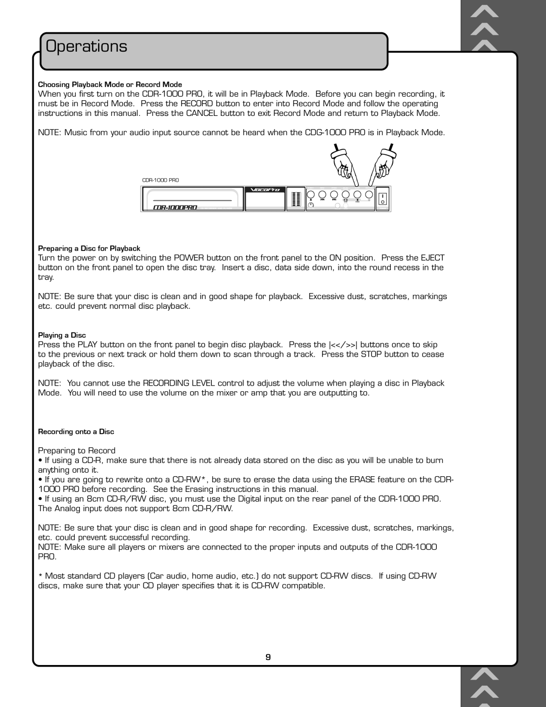 VocoPro CDR-1000 PRO Operations, Choosing Playback Mode or Record Mode, Preparing a Disc for Playback, Playing a Disc 