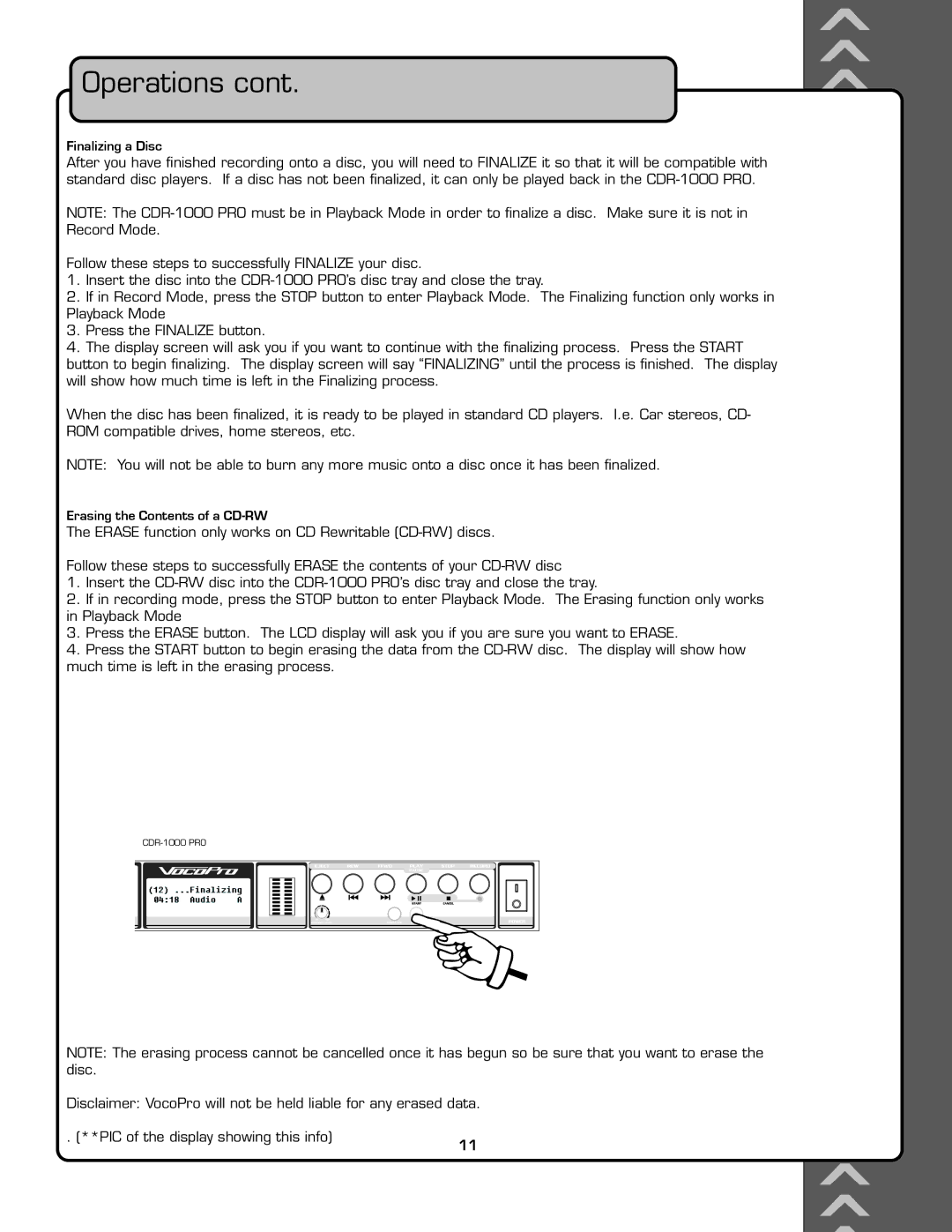 VocoPro CDR-1000 PRO owner manual Finalizing a Disc, Erasing the Contents of a CD-RW 