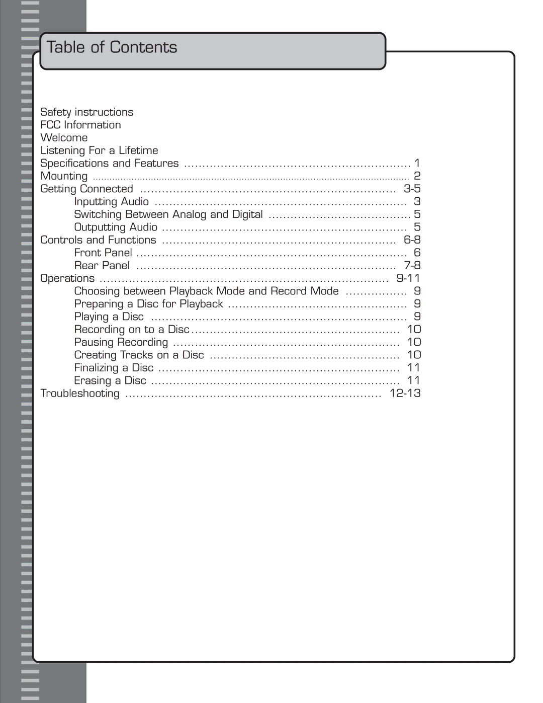 VocoPro CDR-1000 PRO owner manual Table of Contents 