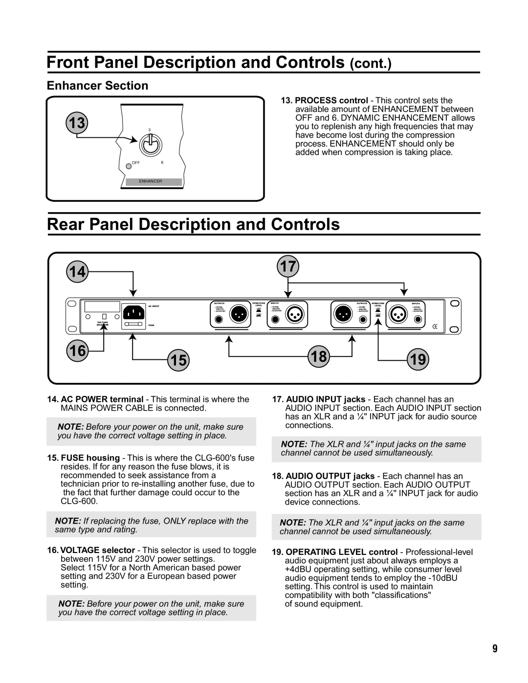 VocoPro CLG-600 owner manual Rear Panel Description and Controls, Enhancer Section 