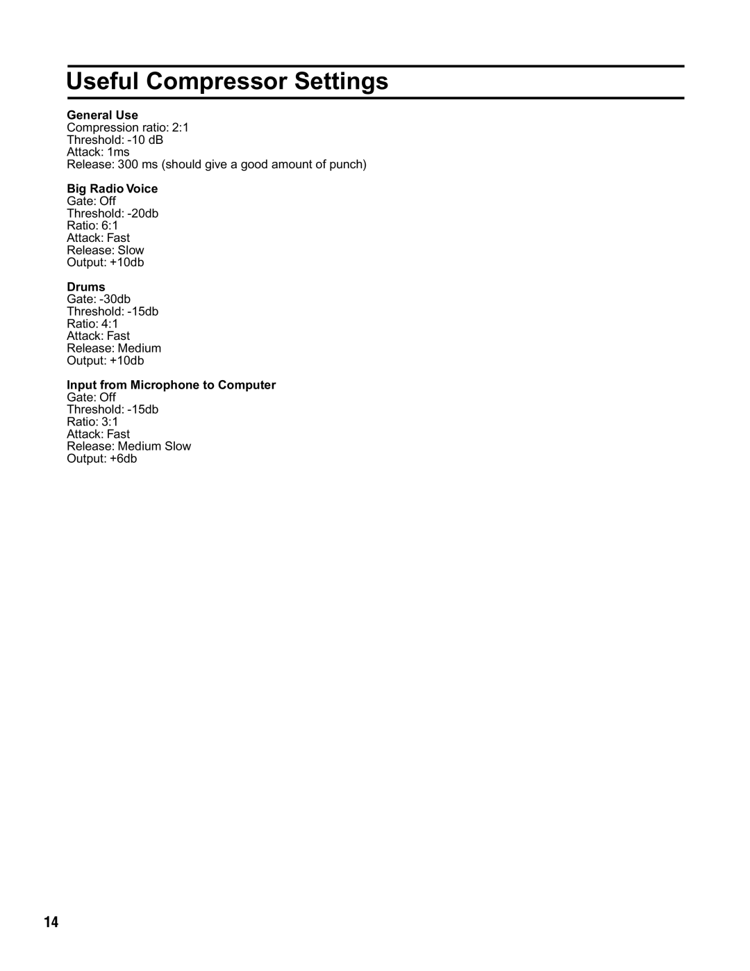VocoPro CLG-600 owner manual Useful Compressor Settings, Big Radio Voice, Drums, Input from Microphone to Computer 