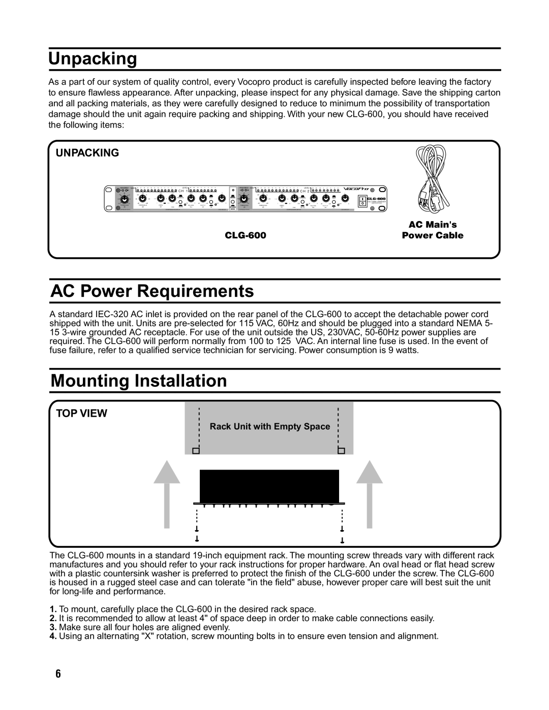 VocoPro CLG-600 owner manual Unpacking, AC Power Requirements, Mounting Installation, Rack Unit with Empty Space 