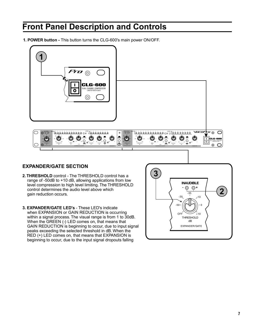 VocoPro CLG-600 owner manual Front Panel Description and Controls, Threshold control The Threshold control has a 