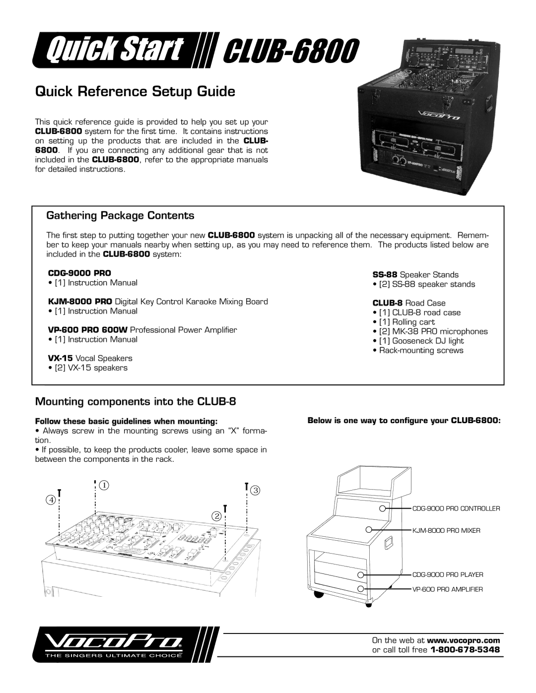 VocoPro CLUB-6800 quick start Gathering Package Contents, Mounting components into the CLUB-8 