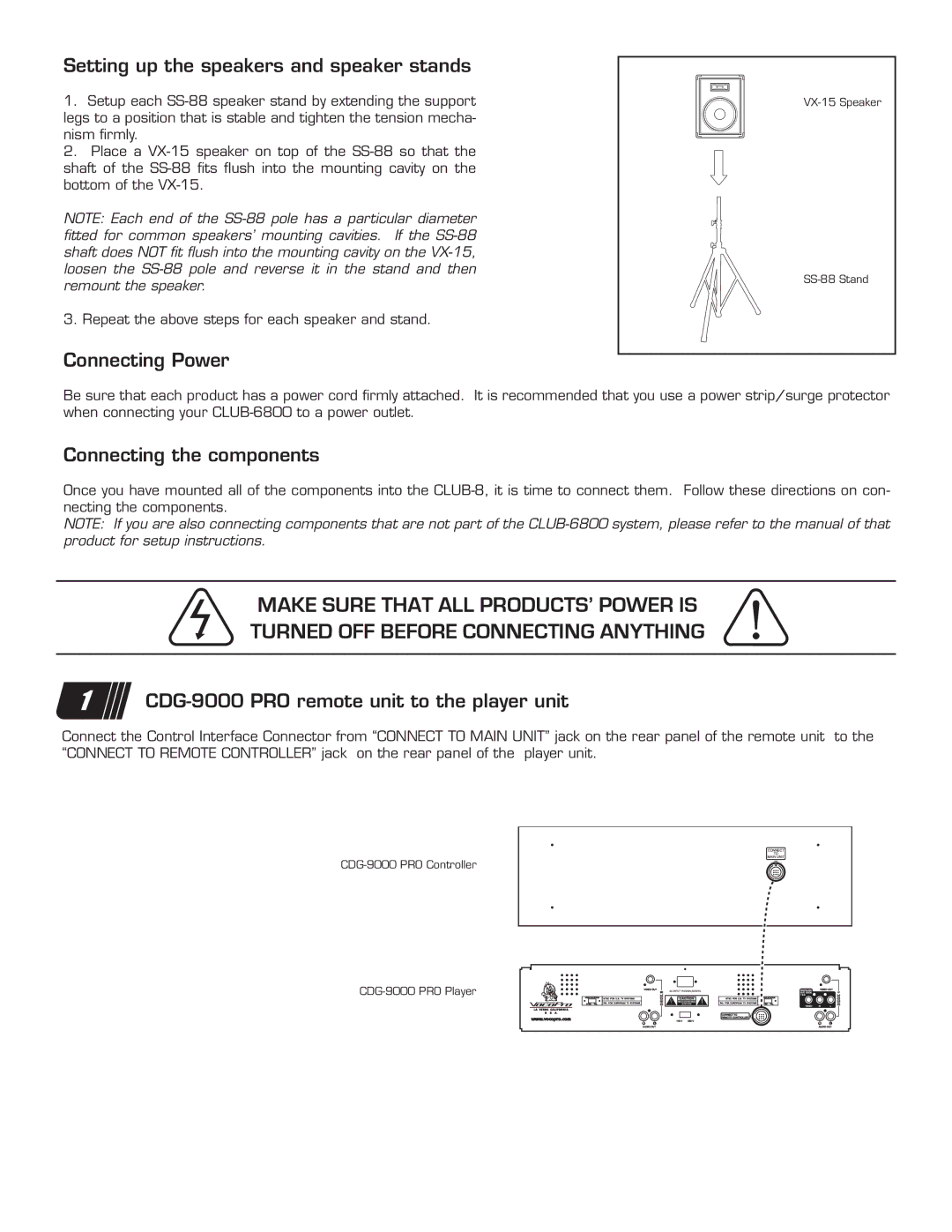 VocoPro CLUB-6800 quick start Setting up the speakers and speaker stands, Connecting Power, Connecting the components 