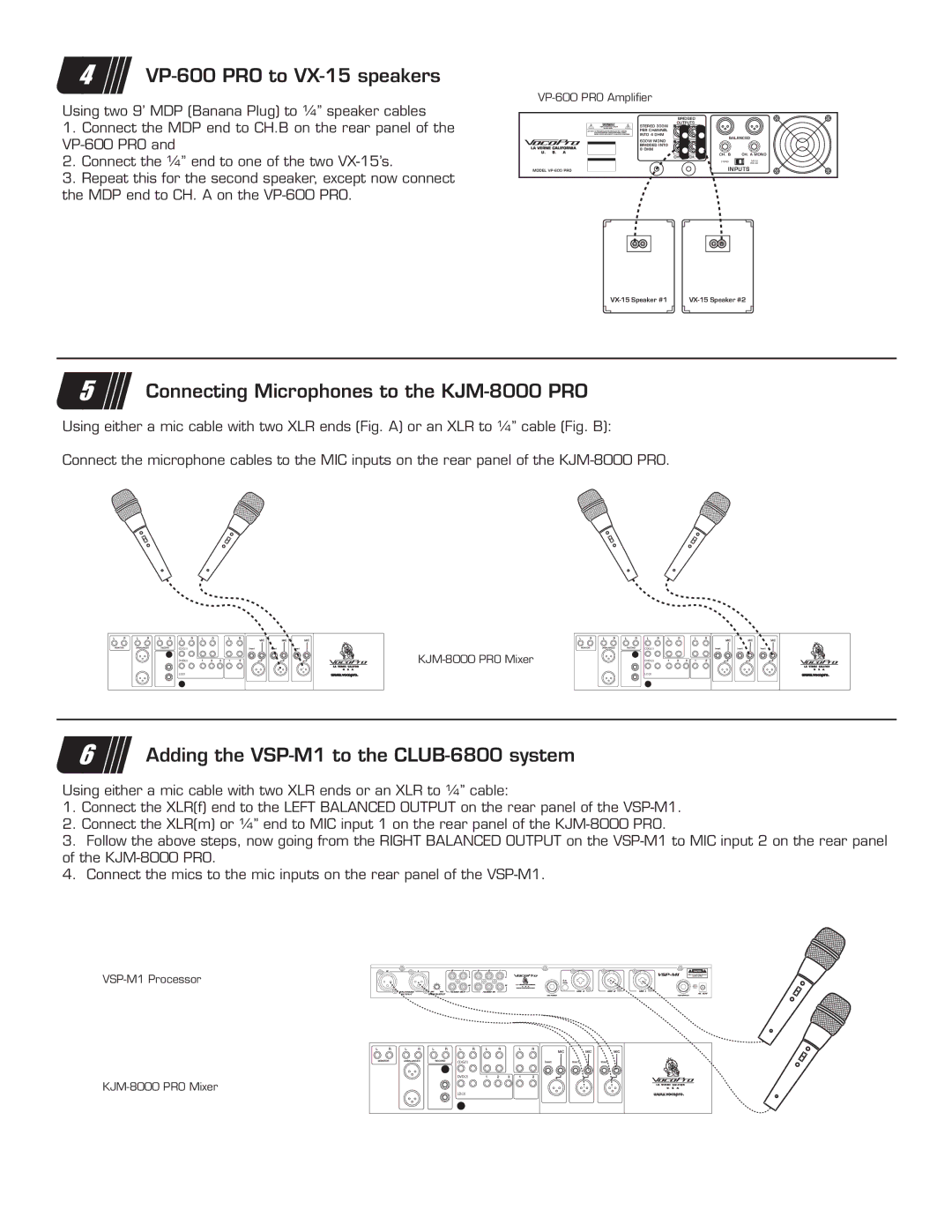 VocoPro CLUB-6800 quick start VP-600 PRO to VX-15 speakers, Connecting Microphones to the KJM-8000 PRO 