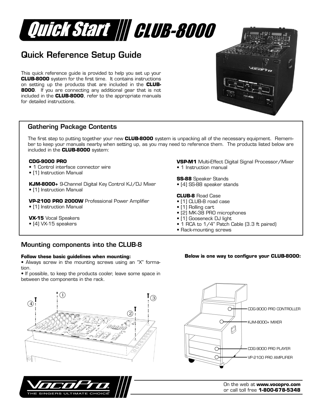 VocoPro Club-8000 quick start Gathering Package Contents, Mounting components into the CLUB-8 