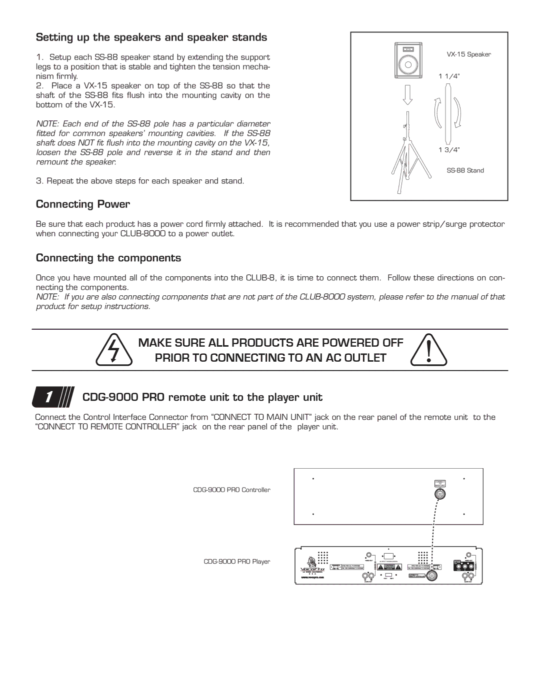 VocoPro Club-8000 quick start Setting up the speakers and speaker stands, Connecting Power, Connecting the components 