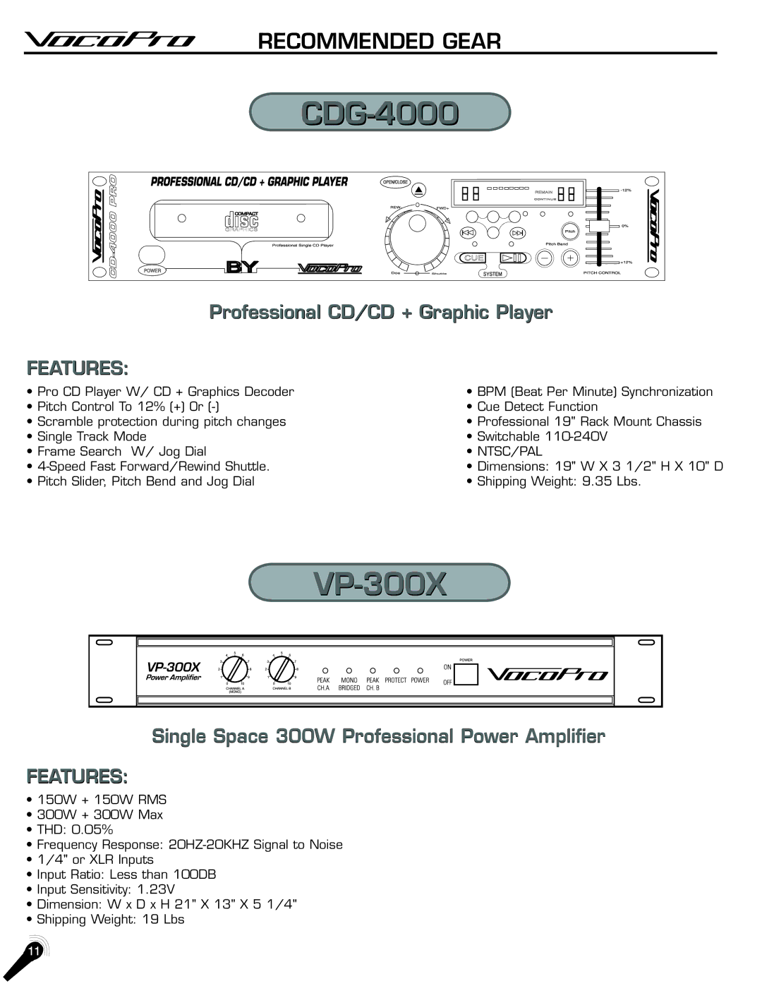 VocoPro DA-1000Pro manual CDG-4000, Recommended Gear 