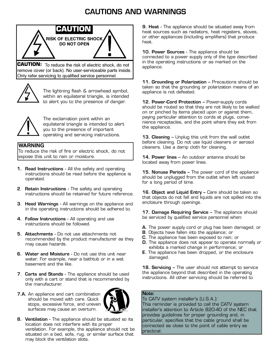 VocoPro DA-1000Pro manual Risk of Electric Shock Do not Open 