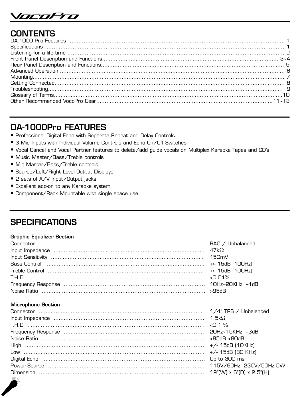 VocoPro DA-1000Pro manual Contents 