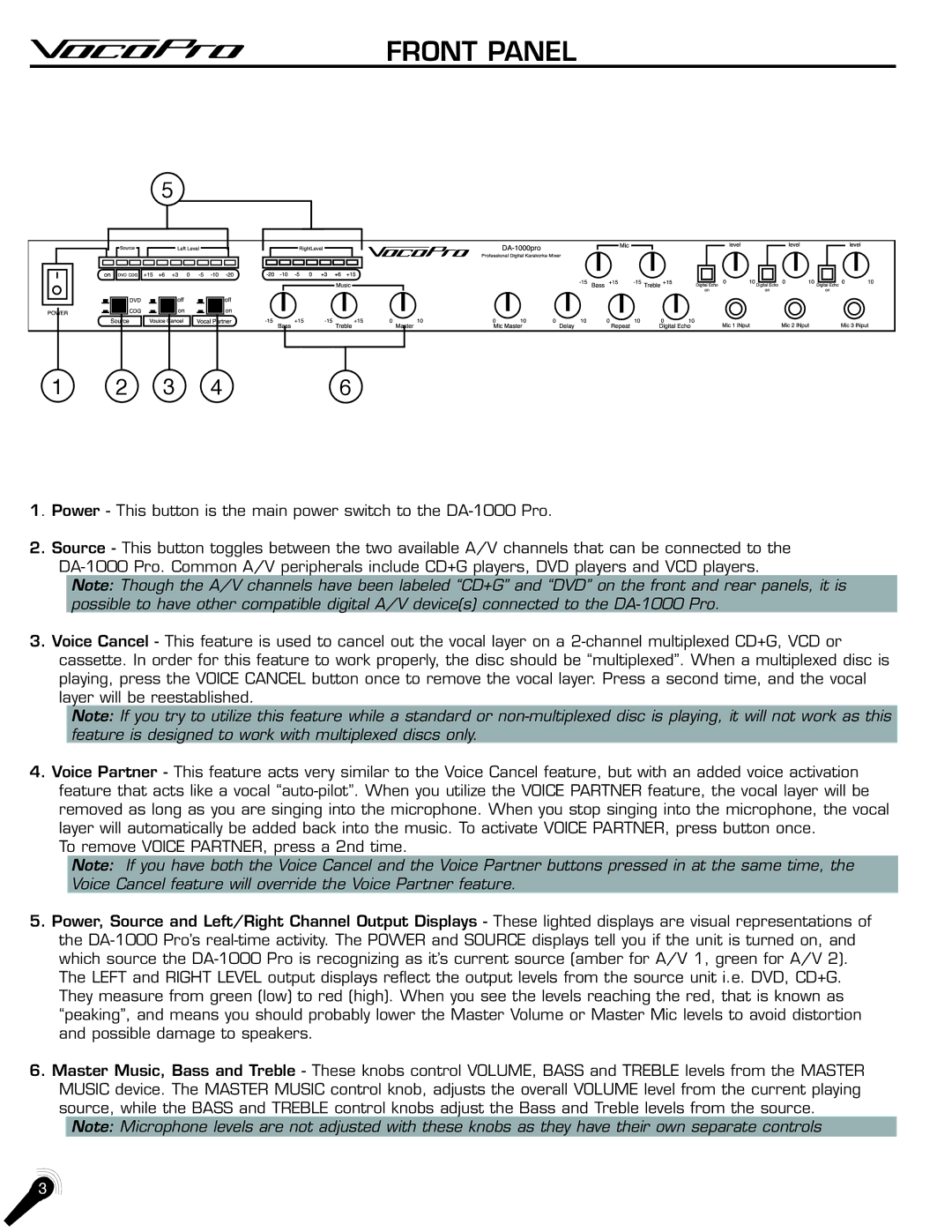 VocoPro DA-1000Pro manual Front Panel 
